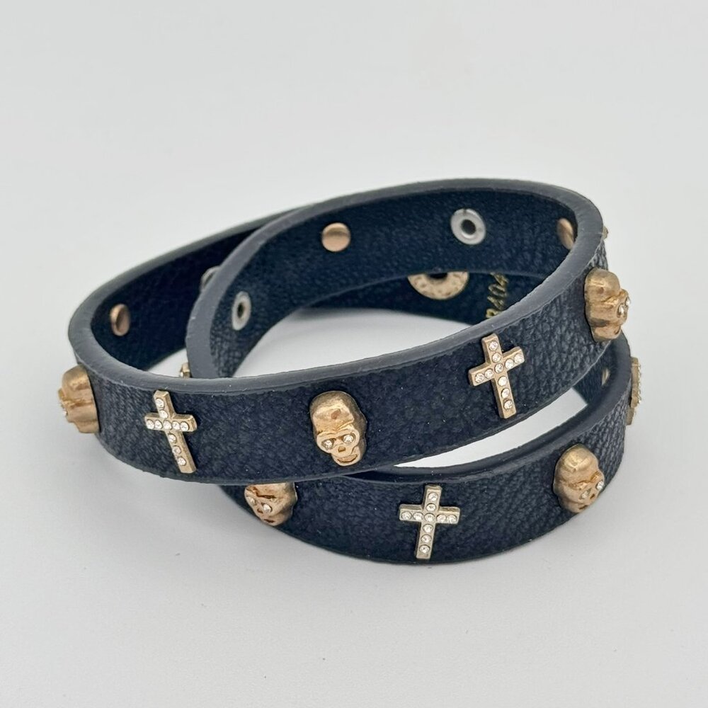 New Crystal Rhinestone Gold Skull Cross Black Leather Cuff Double Wrap Bracelet